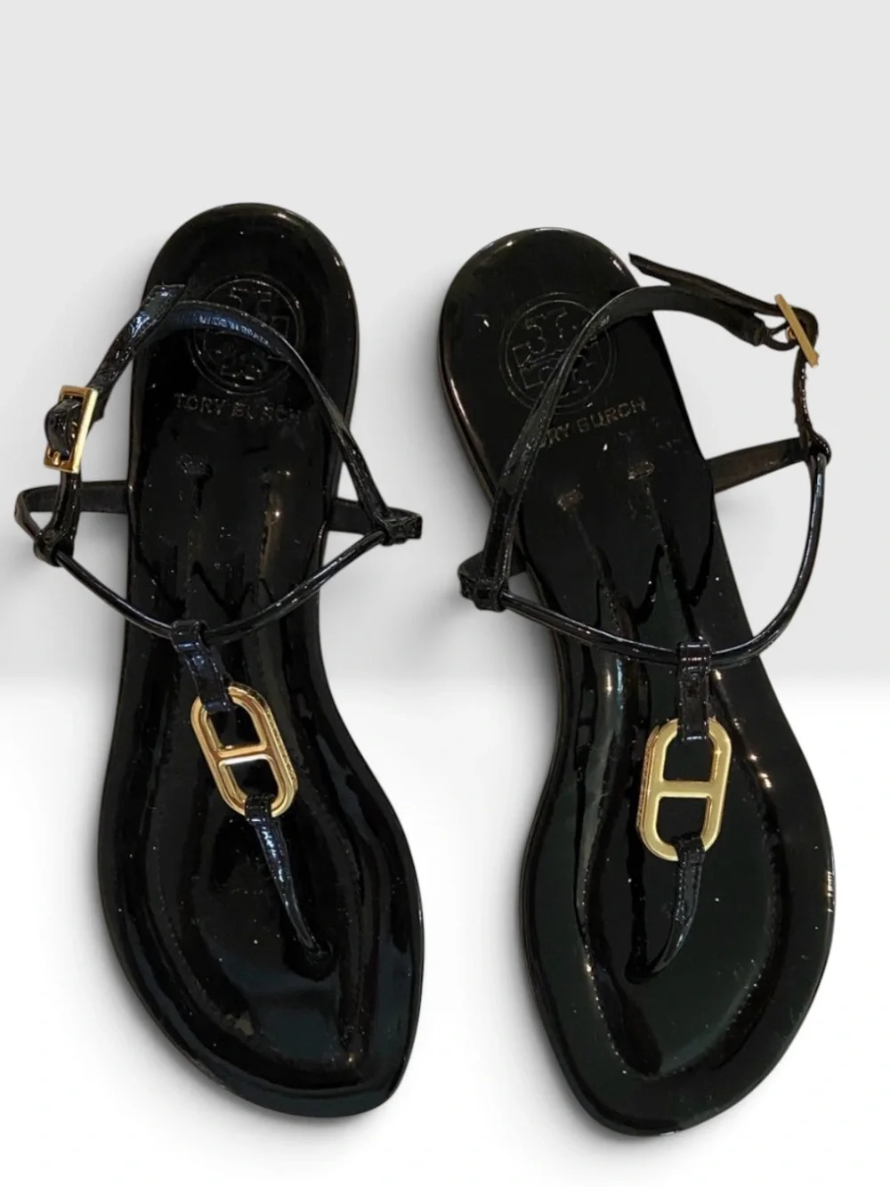 Tory Burch Black Patent Leather Gold Logo Strappy Thong Sandals Size 9.5
